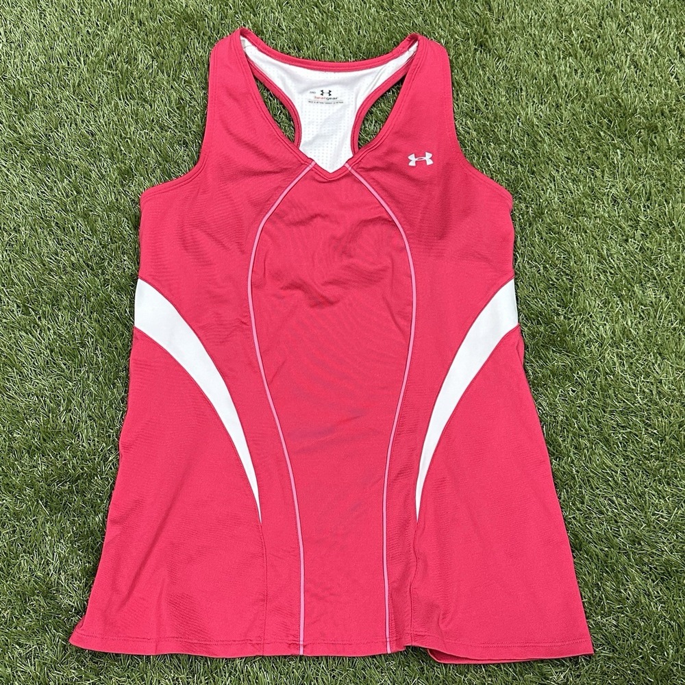 Under Armour heatgear women's M racerback tank top pink white lightly lined bra‎